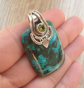 Zilveren edelsteen hanger rechthoekige Chrysocolla en Peridot